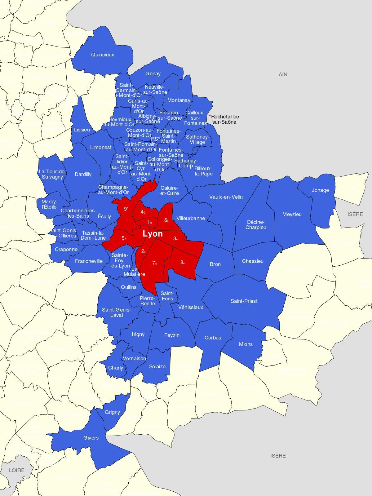 mapa Lyon przedmieściach 